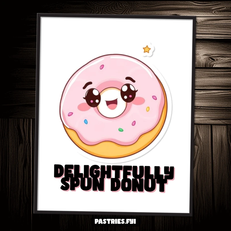 Funny digital art print of a wide-eyed donut character joyfully spinning with delight, perfect for instant sweet decor.