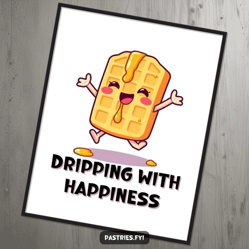 Funny Waffle Digital Art Print: A happy waffle character with syrup drips energetically performs a jumping jack, creating a vibrant breakfast scene.
