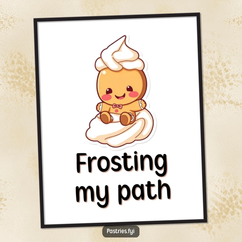 Funny gingerbread cookie digital art print of a giggling cookie character sliding down a frosting swirl, perfect for humorous holiday decor.