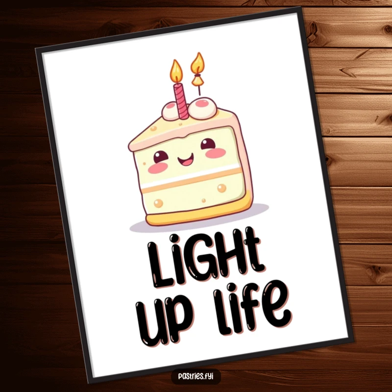 Funny cake slice digital art print with a joyful Kawaii character and lit candle, capturing pure celebration.