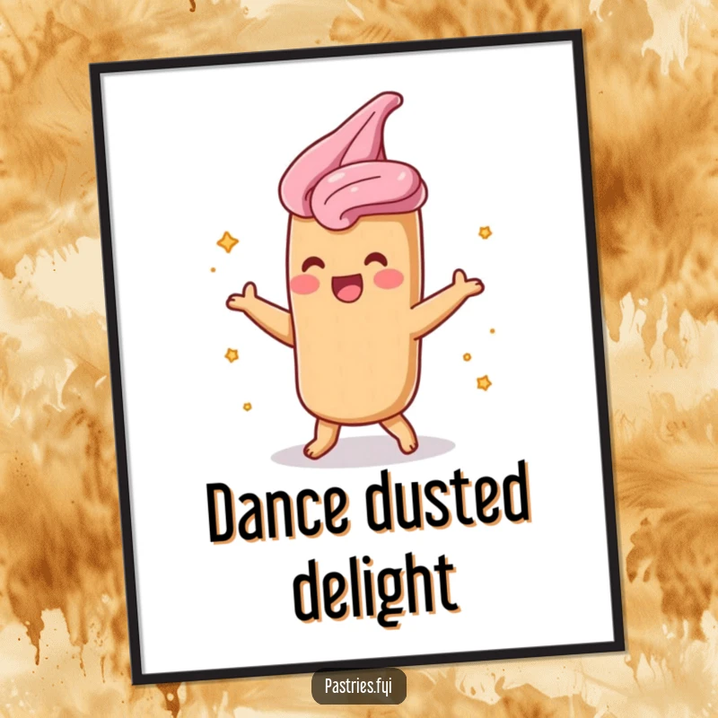Funny churro digital art print of a shimmying character dusted in cinnamon sugar, a joyful and sweet illustration.