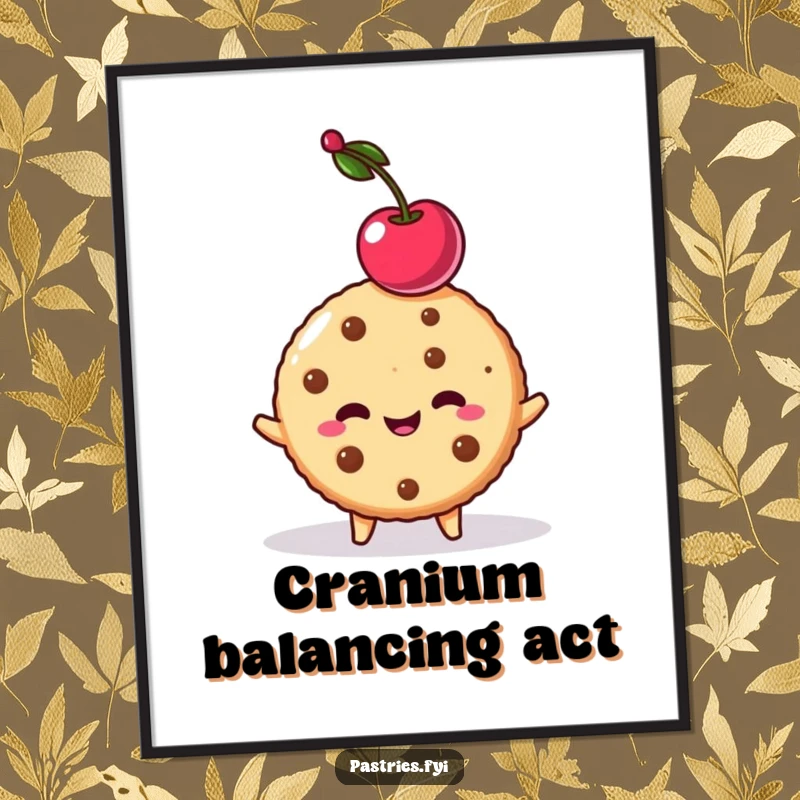 Funny cookie character balancing a cherry on its head, as a digital art print. A piece of sweet, humorous art.