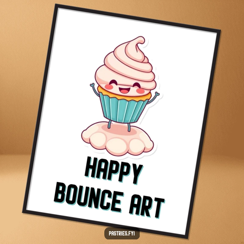 Funny smiling cupcake character bouncing happily on its frosting, available as a high-resolution digital art print.
