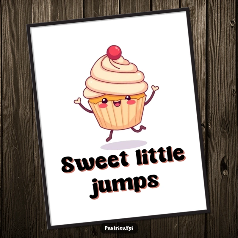 Funny cheerful cupcake with tiny legs, jubilantly hopping, digital art print for instant sweet decoration, perfect for adding joy, a funny gift.