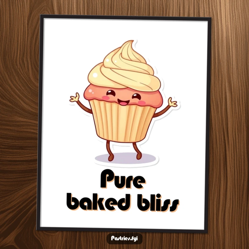 Funny cupcake character with legs doing a lively jig, rendered as a vibrant digital art print, perfect for instant, cheerful wall decor.