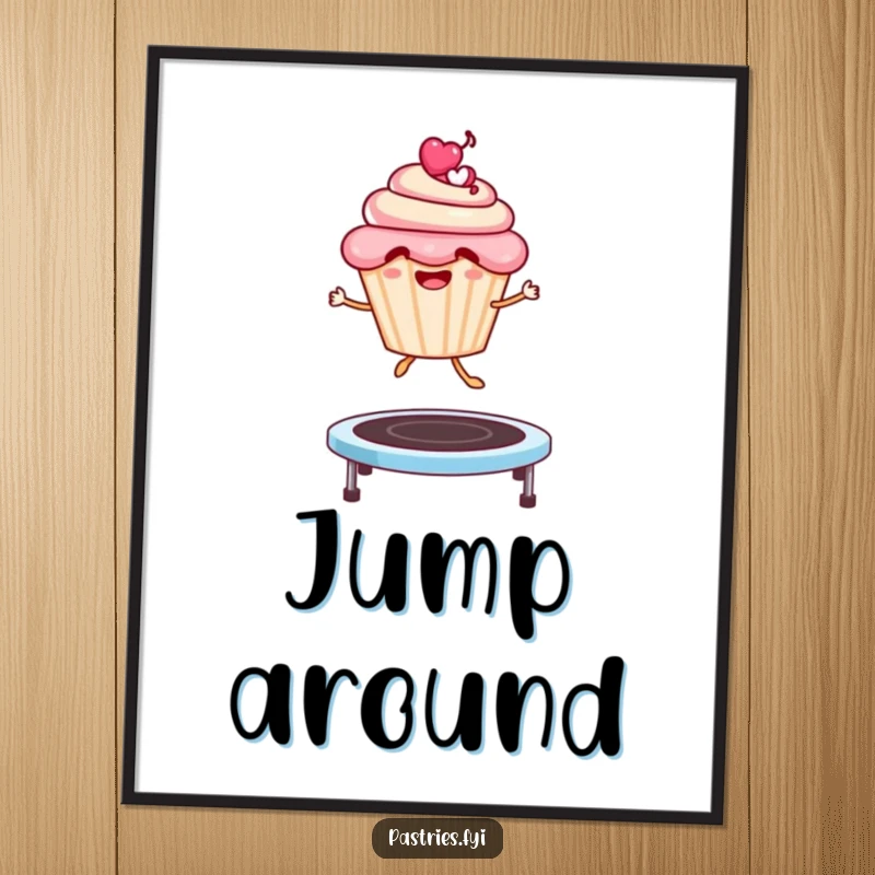 Funny Digital Art Print: A smiling cupcake character gleefully jumping high on a springy trampoline, conveying pure happiness and energy.
