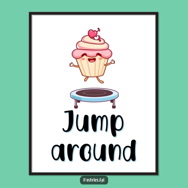 Funny Cupcake Trampoline Digital Art: High-Res Jumping Character Print