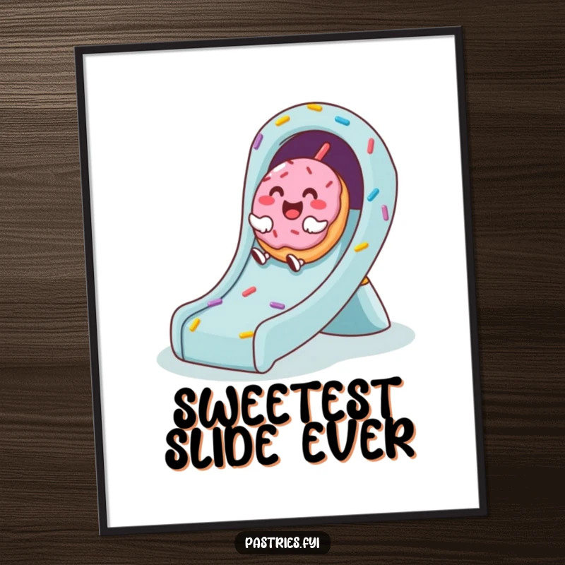 Funny digital art print of a cute donut character giggling as it slides down a vibrant sprinkle-covered slide, ready to print.