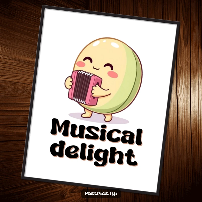 Funny Digital Art Print of a round macaron character enthusiastically playing a tiny accordion, capturing a moment of sweet melody and festive spirit.