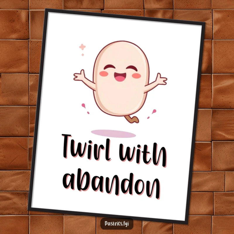 Funny macaron character in a pirouette, leaving a sugar trail, as a digital art print. Sweet and elegant wall art.