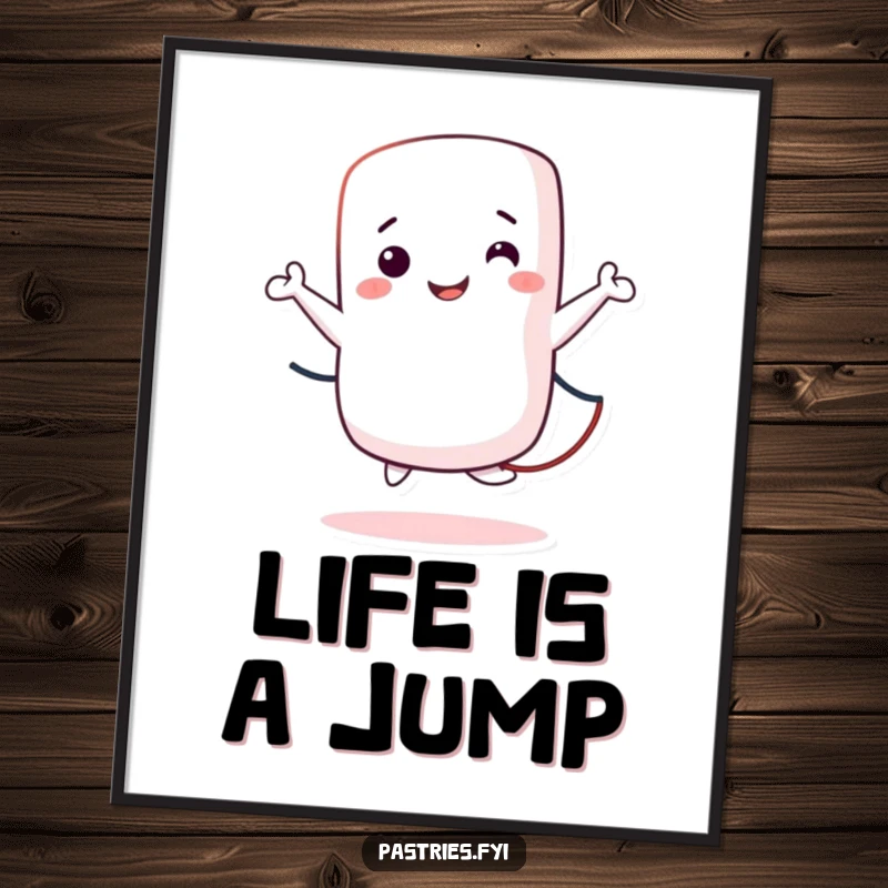 Funny Digital Art Print of a smiling marshmallow character energetically jumping rope, adding playful charm to any digital display.