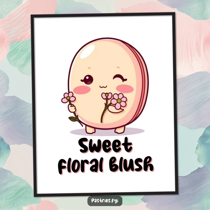 Funny Macaron Digital Art Print: Features a shy macaron character blushing and holding a tiny flower, ideal for sweet decor.