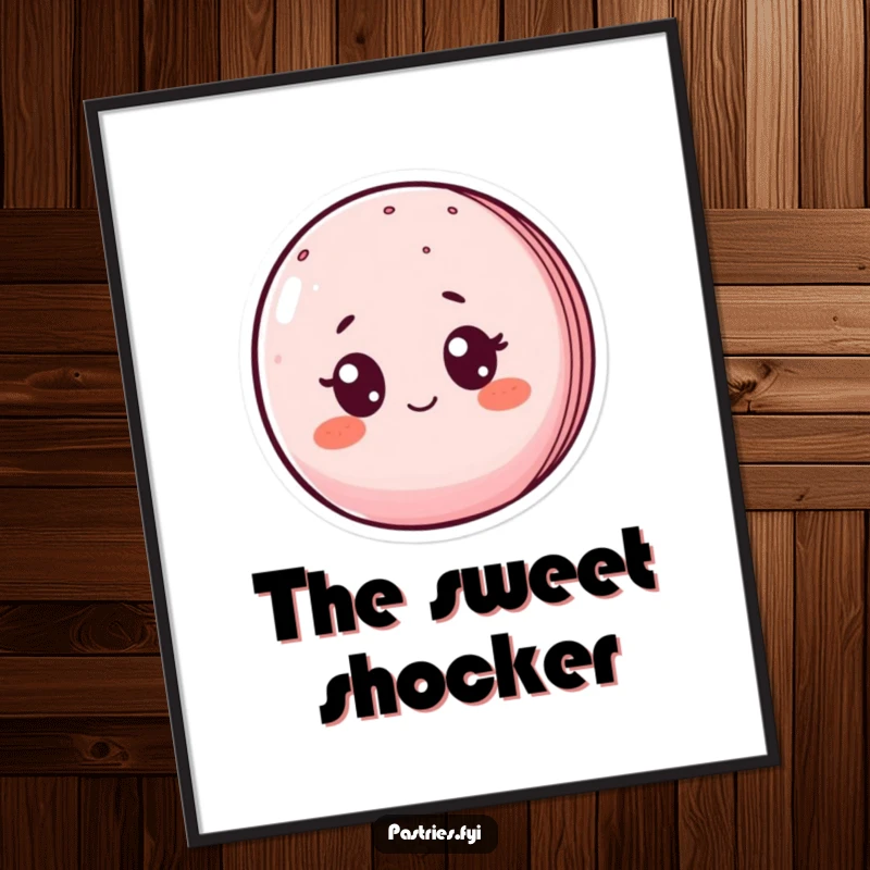 Funny digital art print of a macaron character with wide, surprised eyes and blushing cheeks, ideal for humorous wall decor.