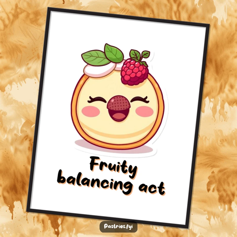 Funny digital art print of a smiling tart winking and balancing a raspberry on its nose, ready to be printed and framed.