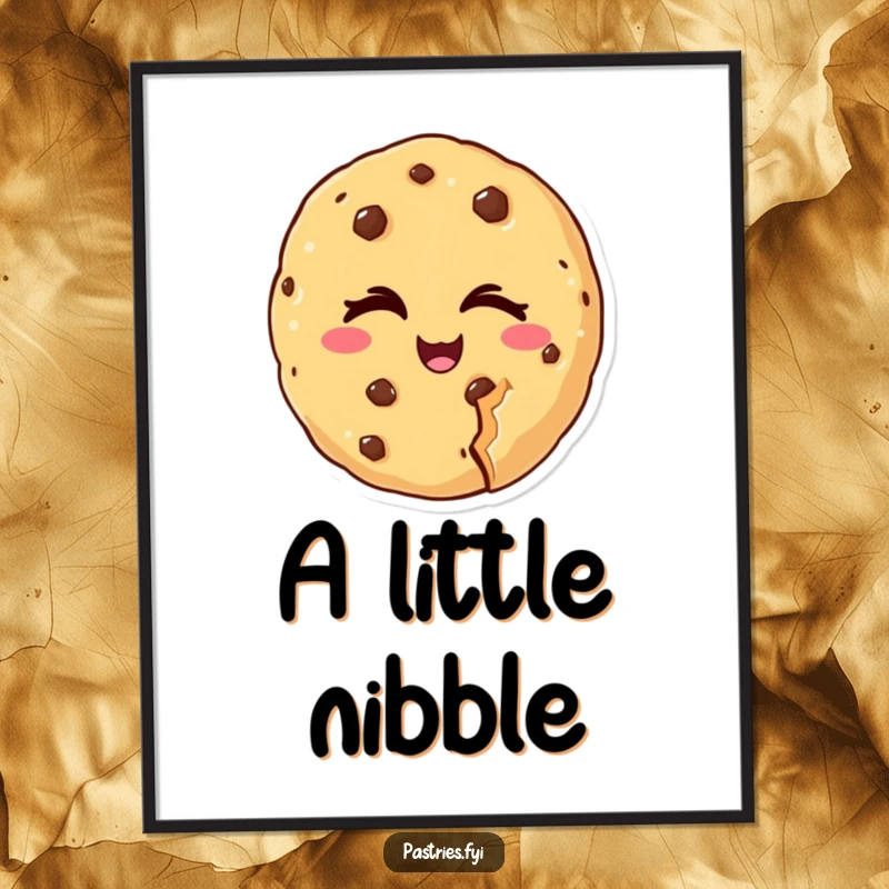 Funny digital art print of a cheeky cookie character winking with a bite missing, creating instant humorous wall decor for any space.