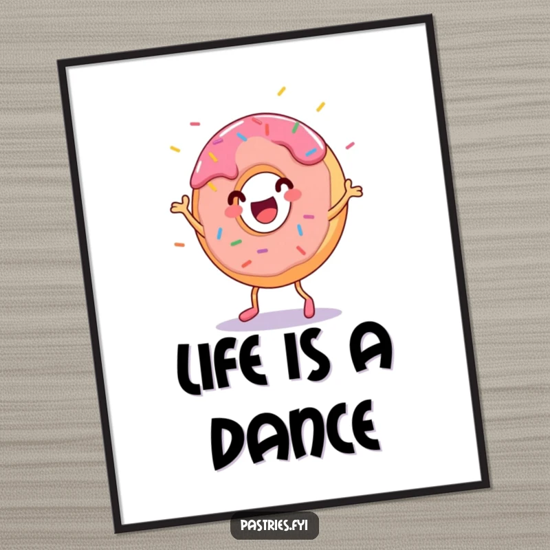 Funny donut character dancing with sprinkles flying, as a digital art print. A cheerful and energetic piece of art.