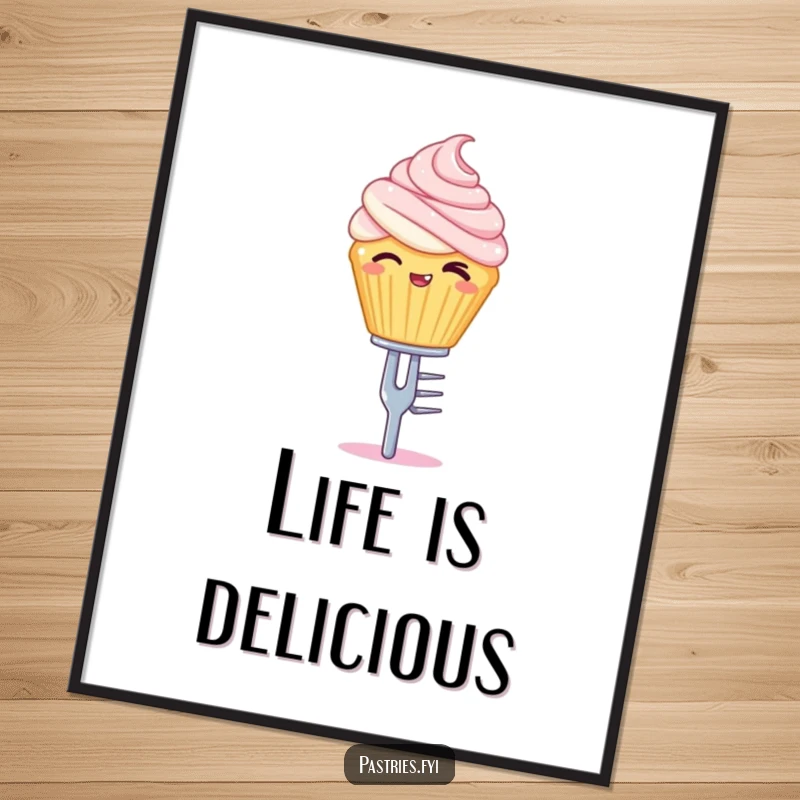 Funny digital art print of a winking cupcake character balancing precariously on a tiny silver fork.