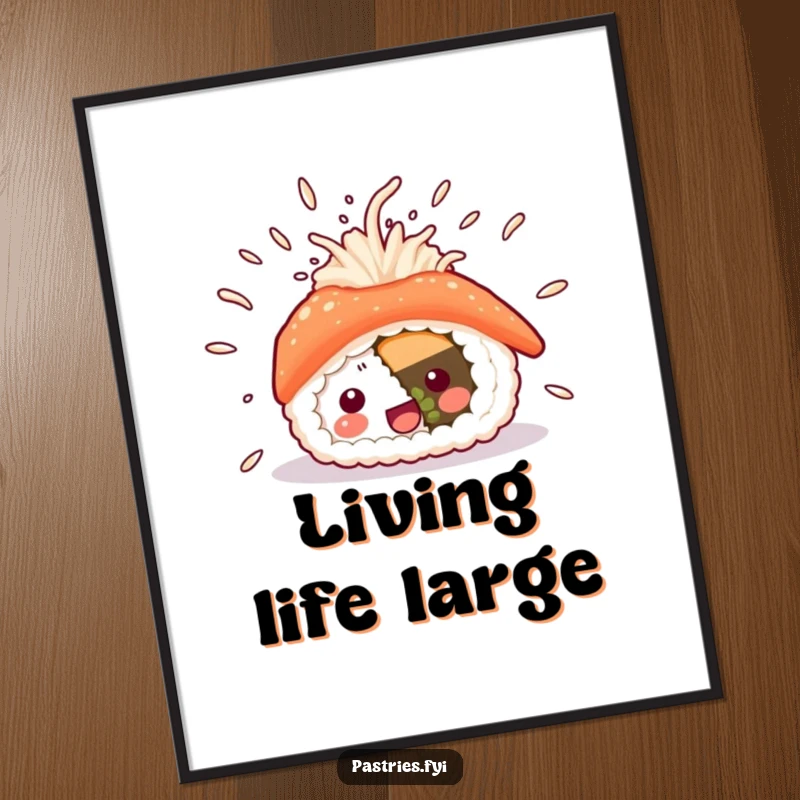 Funny sushi digital art print capturing a sushi character with rice mid-air, conveying pure excitement and a love for food, ideal for instant decoration.
