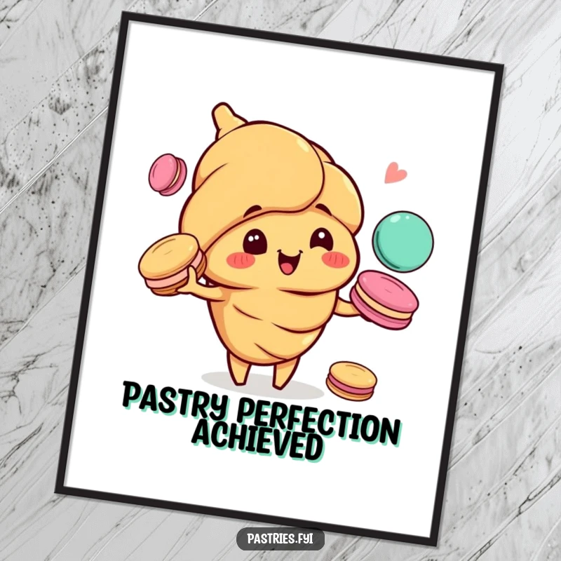 Funny digital art print of a happy croissant character, mischievous grin, expertly juggling colorful macarons.
