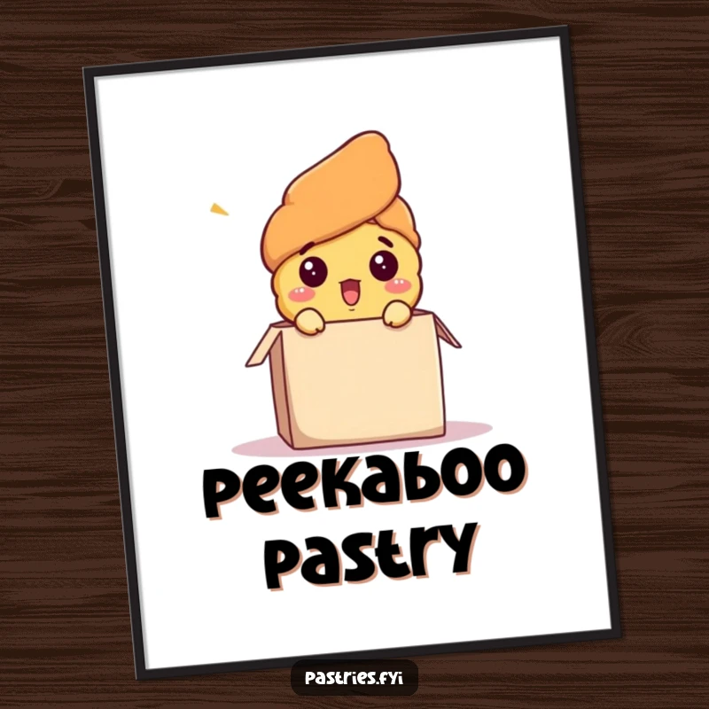 Funny digital art print of a surprised croissant character comically popping out of a box, creating instant humorous wall decor for any space.