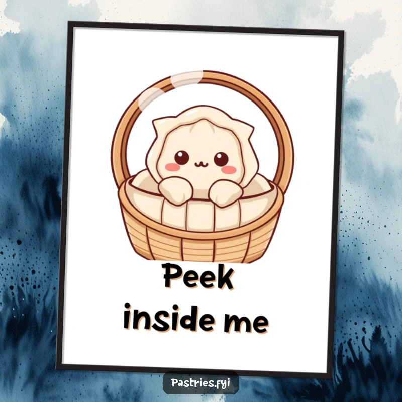 Funny dumpling digital art print with a Kawaii character peeking, capturing sweet curiosity and charm.