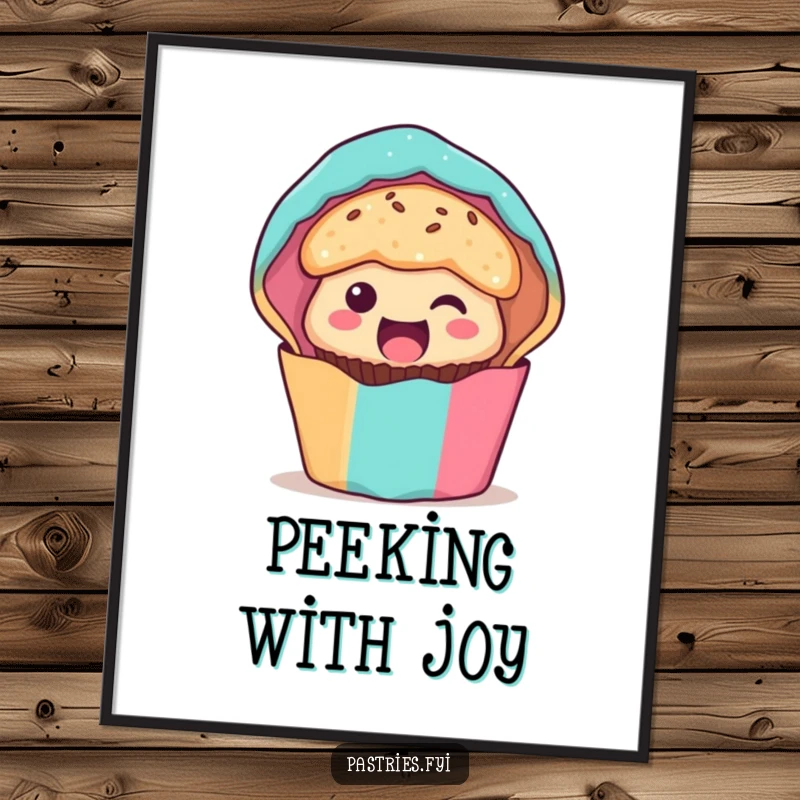 Funny muffin character digital art print, peeking excitedly from its wrapper, adding a burst of cheerful and humorous visual appeal.