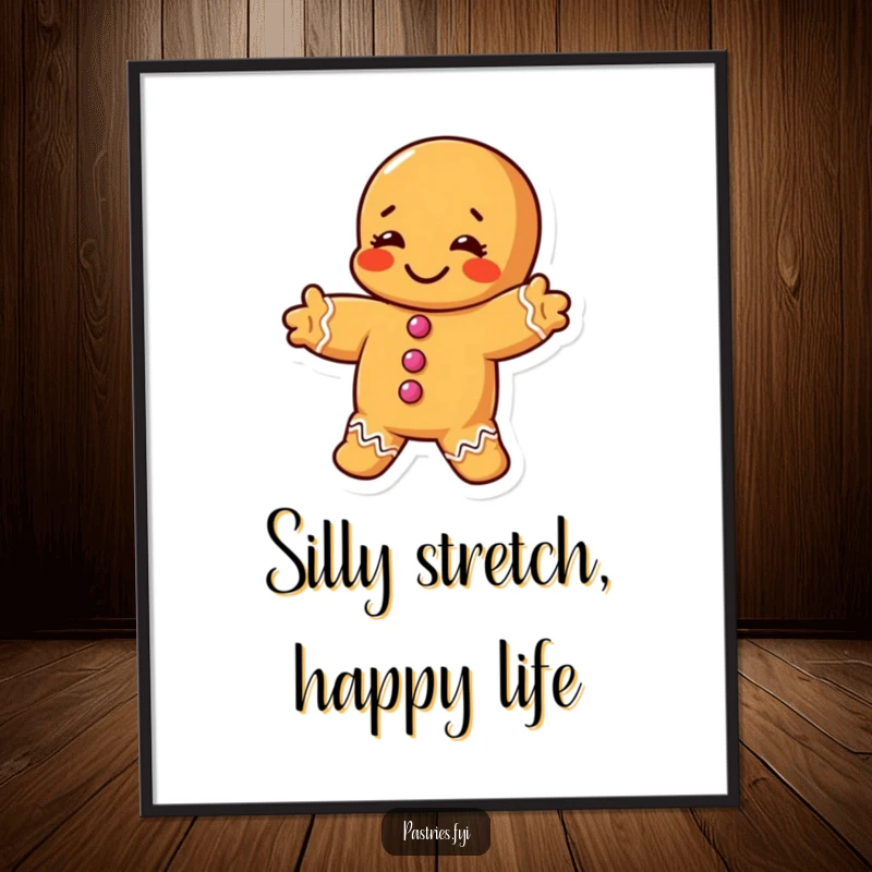 Funny digital art print of a chubby gingerbread man character performing a silly stretch, perfect for instant humorous decor.