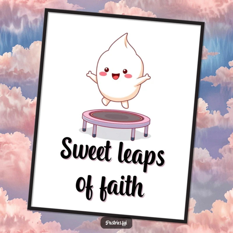 Funny kawaii meringue character excitedly bouncing on a tiny trampoline, a high-resolution digital download.