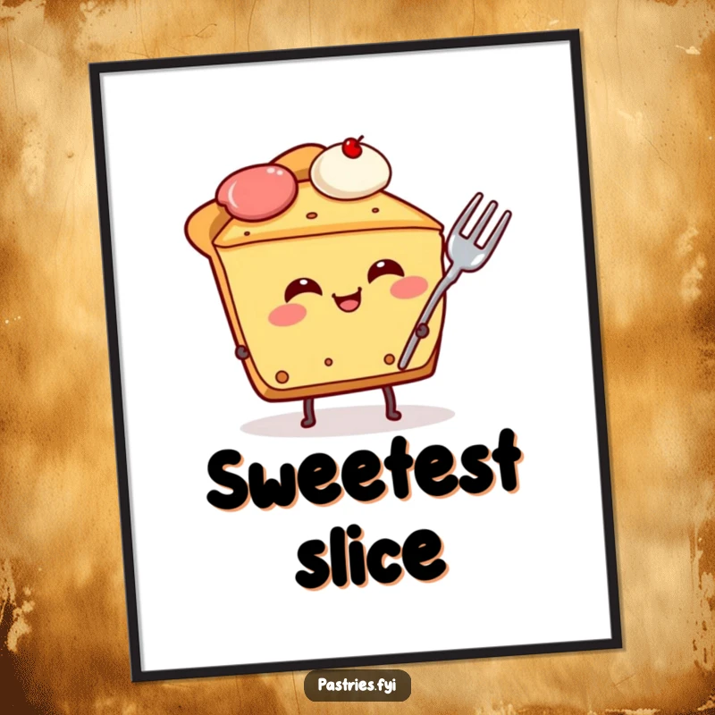 Funny pie slice character digital art print, giggling with a fork stuck in its side, offering instant humorous visual appeal for any setting.
