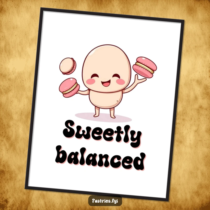 Funny macaron character giggling while juggling smaller macarons, as a vibrant digital art print, perfect for instant, whimsical decor.