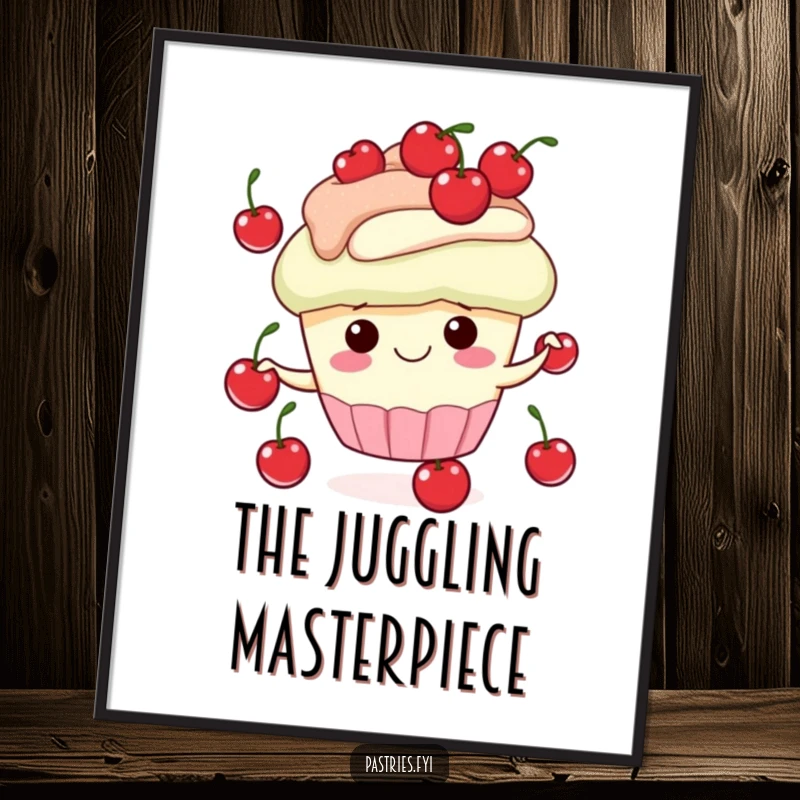 Funny digital art print of a gleeful cupcake character juggling cherries, perfect for instant, joyful home or office decoration.