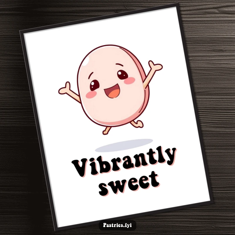 Funny digital art print of a happy macaron character bouncing with excitement, perfect for vibrant decor.