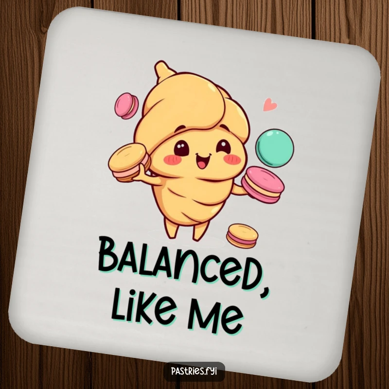 Funny drink coaster featuring a happy croissant character with a mischievous grin, juggling a colorful stack of macarons.