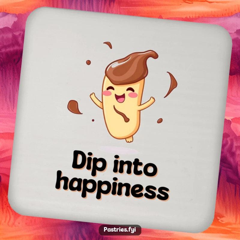 Funny drink coaster featuring a delighted churro character, coated in chocolate, gleefully twirling.