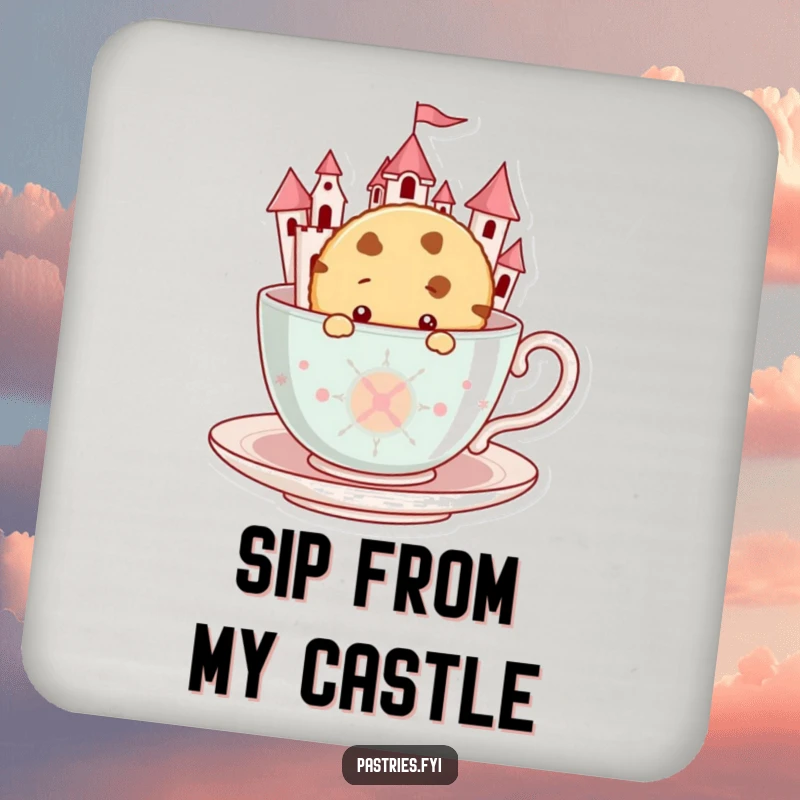 Funny Cookie Coaster: A curious cookie peeks from a giant teacup castle, adding whimsical charm to your table.