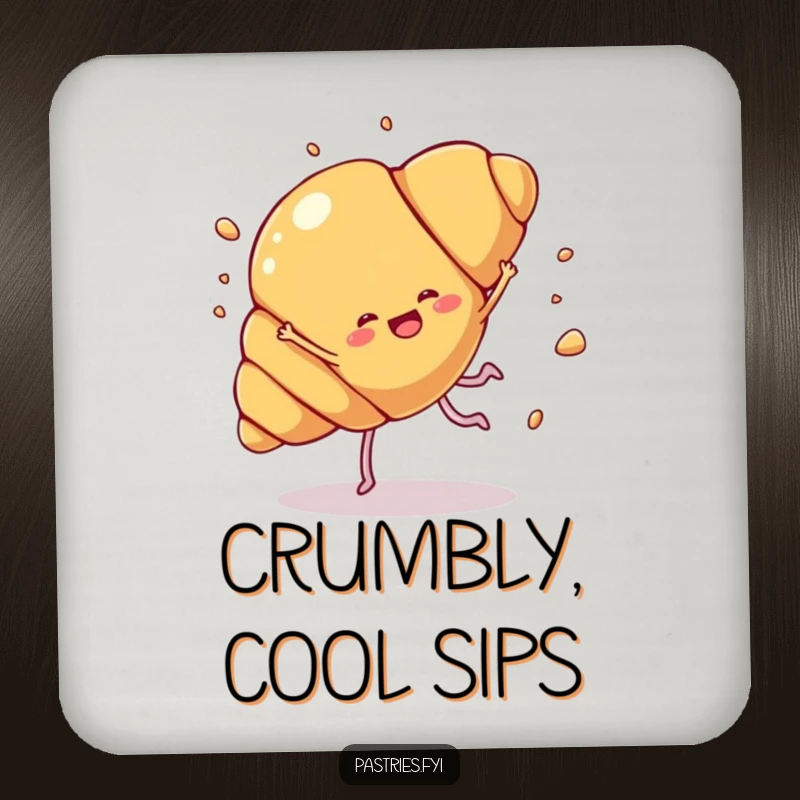 Funny croissant cartwheel coaster featuring a croissant character doing a joyful cartwheel with pastry flakes flying, designed to protect surfaces humorously.