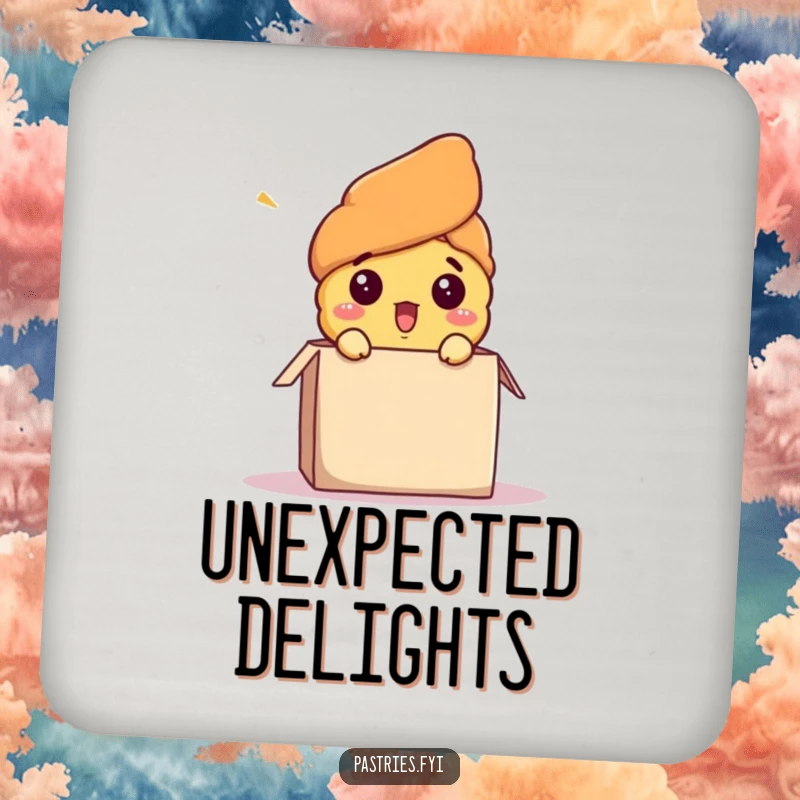 Funny drink coasters featuring a surprised croissant character comically popping out of a box, a humorous and practical addition to any home.