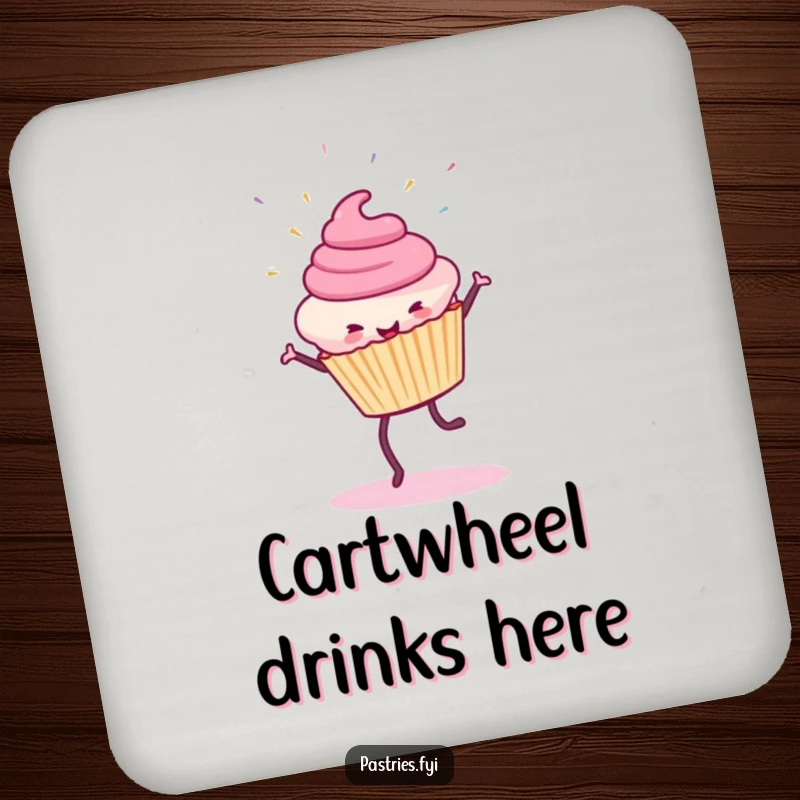 Funny Cupcake Coaster: A smiling cupcake cartwheels with sprinkles flying, protecting surfaces with sweetness.