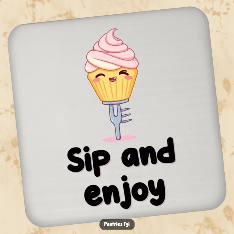 Funny drink coaster with a winking cupcake character balancing on a tiny silver fork, adding charm to tabletops.