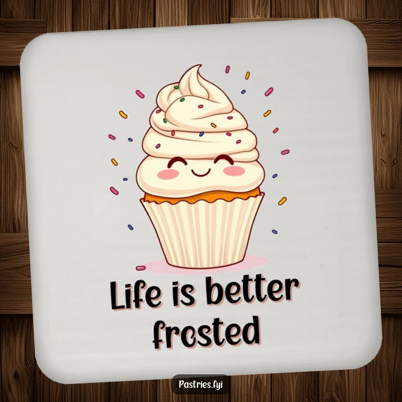 Funny cupcake with frosting hair juggling colorful sprinkles, protecting surfaces with a touch of sweet humor on a coaster.