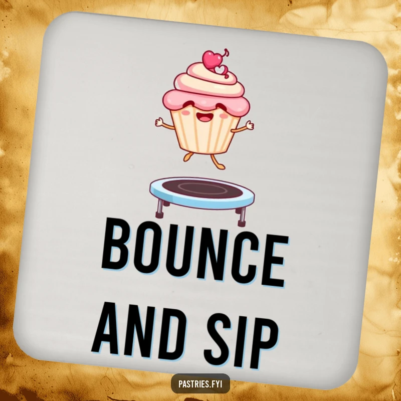 Funny Coaster: A smiling cupcake character gleefully jumping on a trampoline, adding a splash of humor to any table setting.