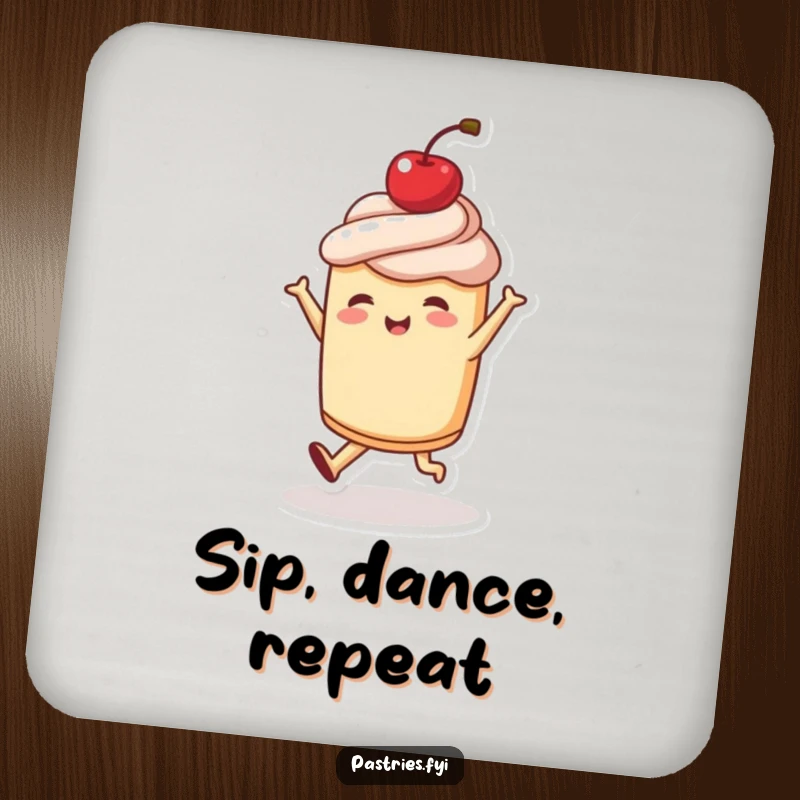 Funny drink coasters featuring a joyful pastry character dancing with a cherry on top, a humorous and practical addition to any home.