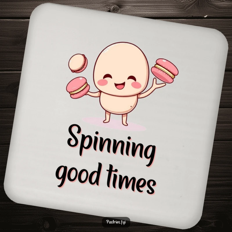 Funny macaron character giggling while juggling smaller macarons, printed on a protective drink coaster, adding a humorous dessert touch.