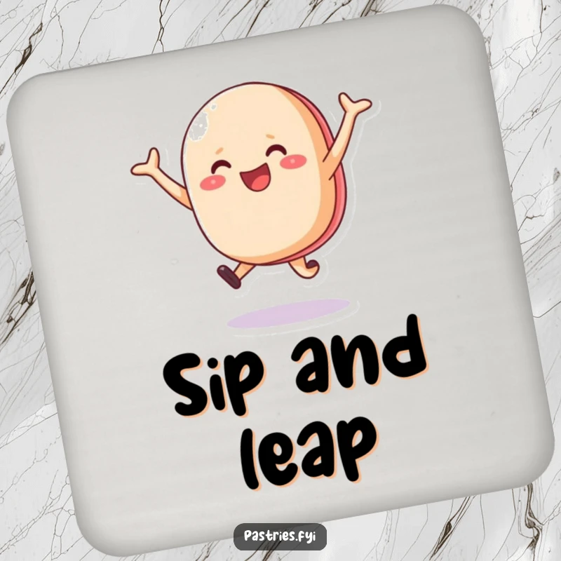 Funny happy macaron character leaping with joy on a drink coaster, adding a cheerful accent to any table.