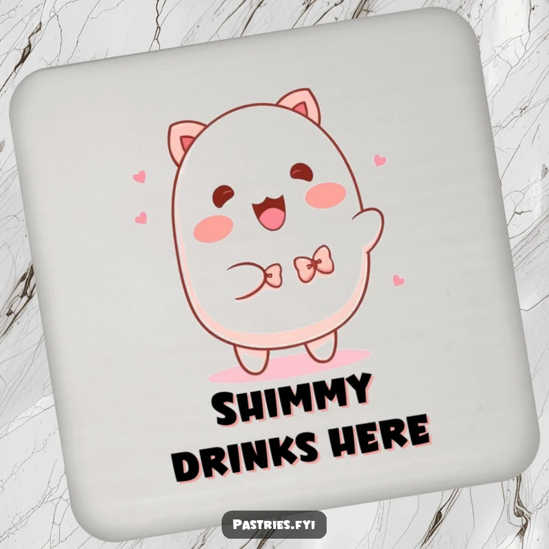 Funny Mochi Coaster: A cute mochi character shimmying energetically, sporting tiny bowties., protect surfaces.