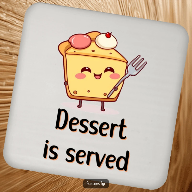 Funny pie slice character drink coaster, giggling with a fork in its side, a humorous and practical addition to any table setting.