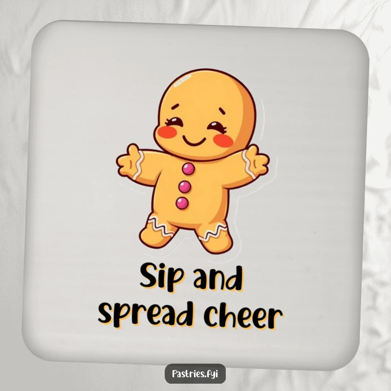 Funny drink coaster with a chubby gingerbread man character doing a silly stretch, protecting surfaces with humor.