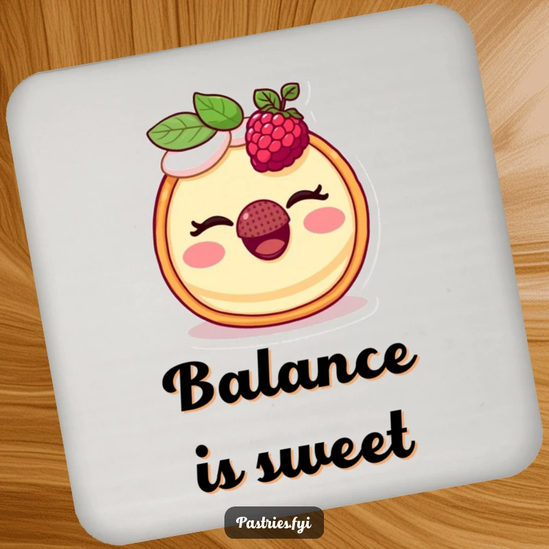 Funny drink coaster showing a winking tart character balancing a raspberry on its nose, adding a humorous touch to tabletops.