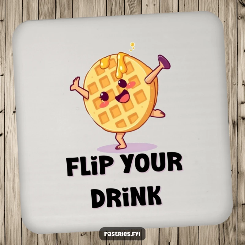 Funny waffle drink coaster with a cartwheeling character and syrup, adding a playful touch to any surface.