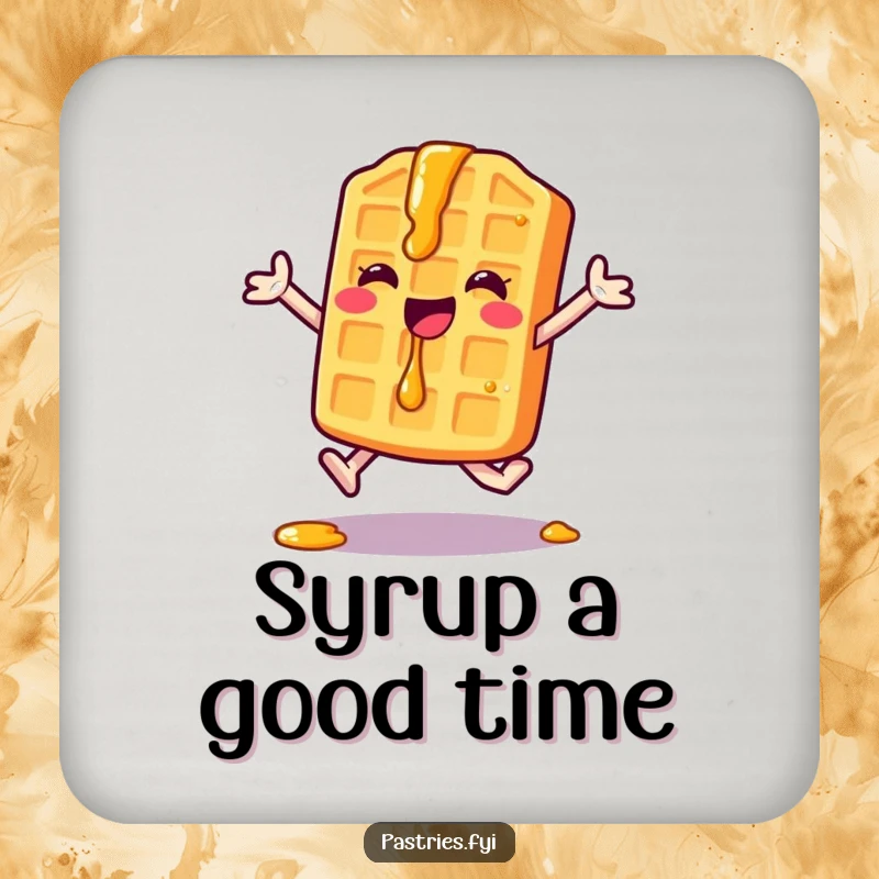 Funny Waffle Coaster: A happy waffle character with syrup drips performs a jumping jack, adding a fun and energetic touch to drink protection.